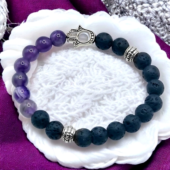 🆕️Hamsa Volcanic Lava Rock & Amethyst Stretch Bracelet + Bonus Boho Earrings 💜 - Picture 6 of 11